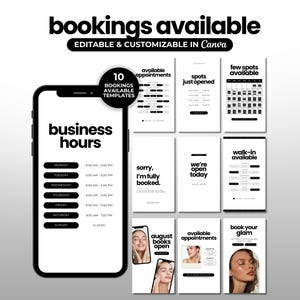 Könnte beinhalten: Ein Set aus zehn schwarz-weißen digitalen Social-Media-Vorlagen für Geschäftstermine, bearbeitbar in Canva. Die Vorlagen enthalten Text wie bookings available, business hours, available appointments, spots just opened und book your glam.