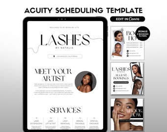 May include: A black and white tablet screen displaying a website for a lash artist. The website has a black and white design with the text "LASHES BY NATALIA" and "MEET YOUR ARTIST". The website also lists services offered, including lash extensions, lash lift and tint, lash removal, bridal package, and special package.