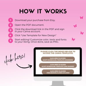 May include: A pink graphic with the text "HOW IT WORKS" and instructions for downloading and editing templates. A computer screen displays options to access Canva templates. Pink butterflies decorate the background. The text "click here!" is also visible.