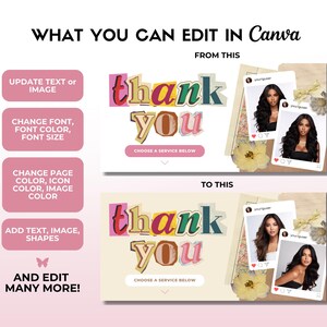 May include: A graphic design template showing how to edit a thank you card in Canva. The original card features a collage of images and the text "thank you" in colorful letters. The edited card features the same collage but with different images and the text "thank you" in different colors and fonts.