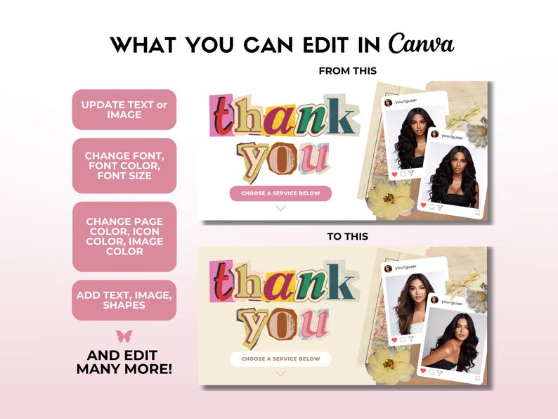 May include: A graphic design template showing how to edit a thank you card in Canva. The original card features a collage of images and the text "thank you" in colorful letters. The edited card features the same collage but with different images and the text "thank you" in different colors and fonts.