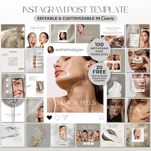 Könnte beinhalten: Instagram-Post-Vorlage mit einem Raster von Grafiken zum Thema Schönheit. Die Vorlage enthält den Text "Instagram Post Template" und "Editable & Customizable in Canva." Die Vorlage enthält den Text "100 Instagram Post Templates" und "20 Free Instagram Highlight Covers."