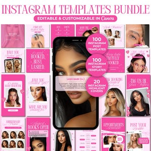 May include: A pink Instagram templates bundle with the text "Instagram Templates Bundle" and "Editable & Customizable in Canva". The bundle includes 100 Instagram post templates, 100 story templates, and 20 highlight covers.
