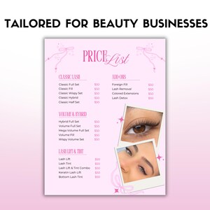 Pode incluir: Uma lista de pre&ccedil;os rosa para empresas de beleza, com op&ccedil;&otilde;es de servi&ccedil;os de c&iacute;lios. A lista inclui servi&ccedil;os Classic, Volume & Hybrid e Lash Lift & Tint. A imagem tamb&eacute;m inclui duas fotos de olhos com extens&otilde;es de c&iacute;lios.