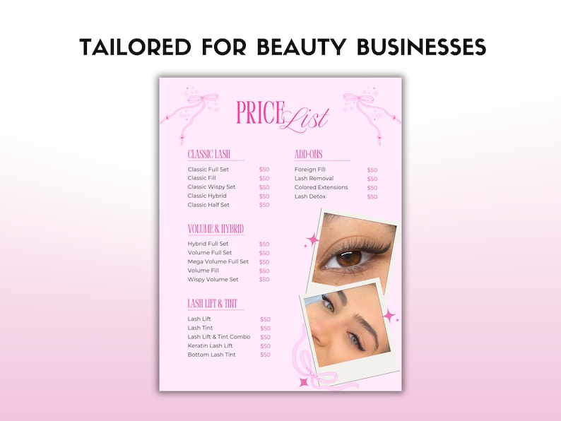 Pode incluir: Uma lista de pre&ccedil;os rosa para empresas de beleza, com op&ccedil;&otilde;es de servi&ccedil;os de c&iacute;lios. A lista inclui servi&ccedil;os Classic, Volume & Hybrid e Lash Lift & Tint. A imagem tamb&eacute;m inclui duas fotos de olhos com extens&otilde;es de c&iacute;lios.