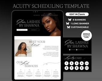 May include: A black and white website template for a lash artist business. The template features a photo of a woman with long lashes, the text "Glam Lashes by Shawna", and a loyalty card with a black background and white numbers.
