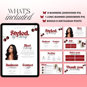 May include: Digital marketing templates for a beauty business, featuring a tablet with the text "Styled by Cherry" and various marketing materials. Includes banners, Instagram posts, and a pink background.
