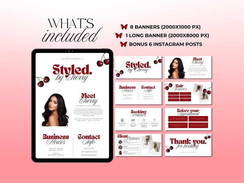 May include: Digital marketing templates for a beauty business, featuring a tablet with the text "Styled by Cherry" and various marketing materials. Includes banners, Instagram posts, and a pink background.