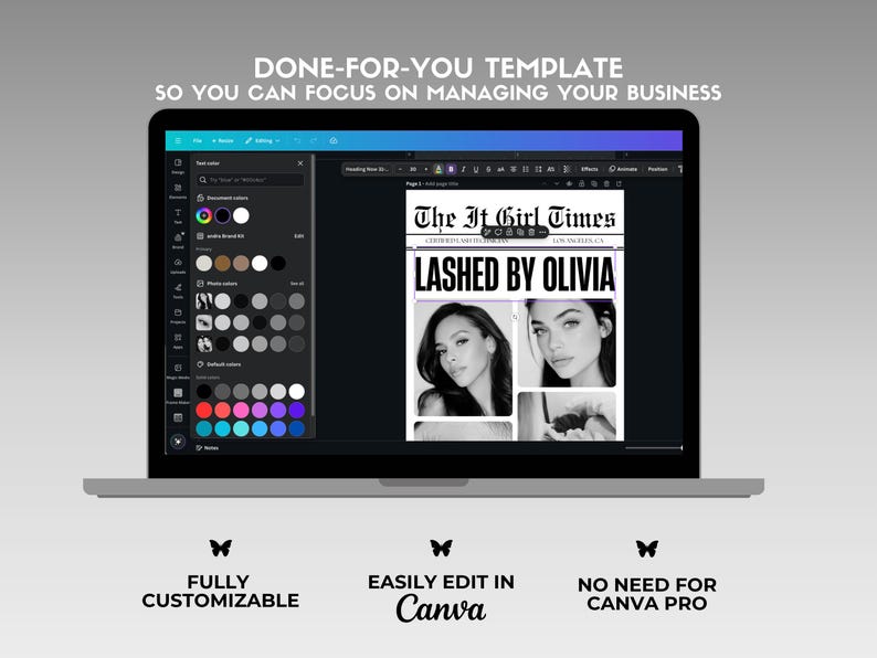 May include: A laptop screen shows a black and white template with the text "The It Girl Times" and "Lashed by Olivia." The screen displays a design interface with colour options. Below the laptop are the words "FULLY CUSTOMIZABLE," "EASILY EDIT IN Canva," and "NO NEED FOR CANVA PRO."