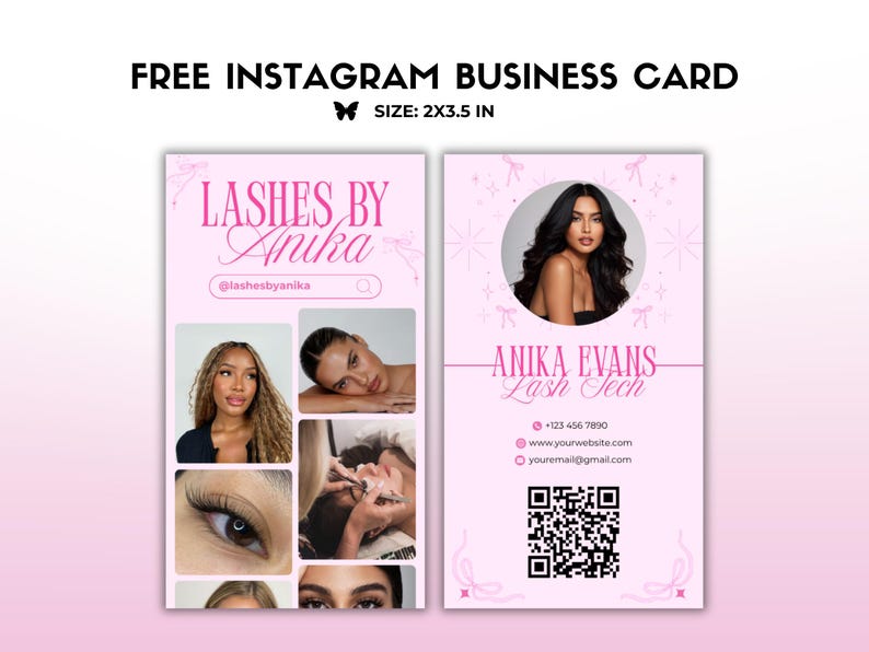 Pode incluir: Design de cart&atilde;o de visita rosa para uma t&eacute;cnica de pestanas. O cart&atilde;o apresenta o texto "LASHES BY Anika" e "ANIKA EVANS Lash Tech". Inclui uma foto de uma mulher, informa&ccedil;&otilde;es de contato e um c&oacute;digo QR. O cart&atilde;o mede 5,08 x 8,89 cm.