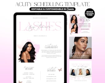 Acuity-schemaläggningsmall Lash Tech-bokningssajt Coquette Acuity Lash-schemaläggningssajt Rosa franswebbplats Redigerbar Canva-mall Minimalistisk