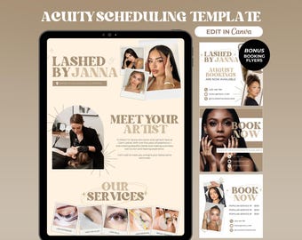 May include: A digital tablet mockup with a light brown background. The tablet screen displays a business advertisement for a lash artist named Janna. The advertisement features a photo of Janna applying lashes to a client, a description of her services, and a call to action to book an appointment. The advertisement also includes a photo of Janna and a description of her business.