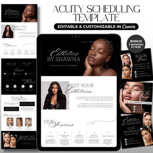 Puede incluir: Una plantilla digital en blanco y negro para Esthetics by Shawna, con una tableta y folletos. La plantilla incluye el texto "Acuity Scheduling Template" y "Editable & Customizable in Canva". El diseño muestra servicios e información de reservas.