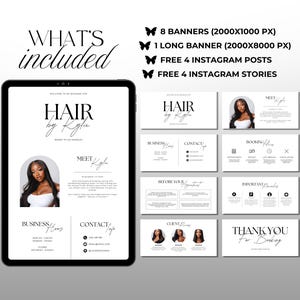 K&ouml;nnte beinhalten: Ein digitales Marketingpaket f&uuml;r einen Friseur, das ein Tablet mit einem Website-Design mit dem Text "HAIR by Kylie" zeigt. Zus&auml;tzliche Werbematerialien umfassen Banner, Instagram-Posts und Stories. Das Design ist in Schwarz und Wei&szlig; gehalten.