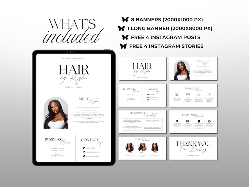 K&ouml;nnte beinhalten: Ein digitales Marketingpaket f&uuml;r einen Friseur, das ein Tablet mit einem Website-Design mit dem Text "HAIR by Kylie" zeigt. Zus&auml;tzliche Werbematerialien umfassen Banner, Instagram-Posts und Stories. Das Design ist in Schwarz und Wei&szlig; gehalten.