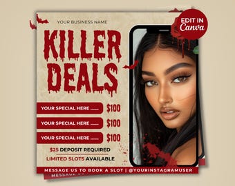 May include: A promotional graphic with the text "KILLER DEALS" in dripping red letters. The image includes a portrait of a woman on a smartphone screen, with text boxes listing special offers. The graphic has a Halloween theme with bat silhouettes.