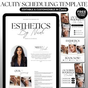 Könnte beinhalten: Digitales Template für ein Kosmetikstudio, mit dem Text "ESTHETICS By Nicole" und "EDITABLE & CUSTOMIZABLE IN Canva". Enthält Werbeflyer mit Fotos und Buchungsinformationen. Konzipiert für Terminplanung und Marketing.