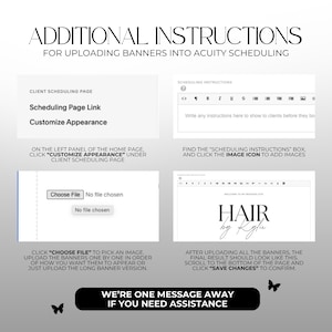K&ouml;nnte beinhalten: Grafische Anleitung zum Hochladen von Bannern in Acuity Scheduling. Das Bild enth&auml;lt Screenshots und Textanweisungen, wie z. B. &bdquo;Scheduling Page Link&ldquo; und &bdquo;Customize Appearance&ldquo;. Das finale Banner-Beispiel ist f&uuml;r &bdquo;Hair by Kylie&ldquo;.