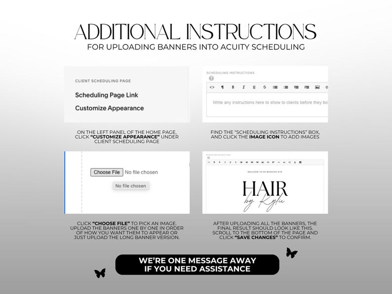 K&ouml;nnte beinhalten: Grafische Anleitung zum Hochladen von Bannern in Acuity Scheduling. Das Bild enth&auml;lt Screenshots und Textanweisungen, wie z. B. &bdquo;Scheduling Page Link&ldquo; und &bdquo;Customize Appearance&ldquo;. Das finale Banner-Beispiel ist f&uuml;r &bdquo;Hair by Kylie&ldquo;.