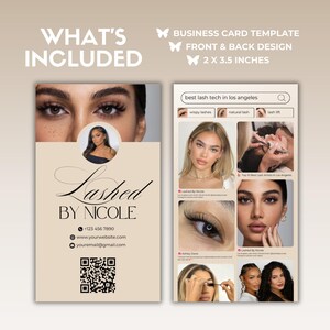 May include: A business card template for a lash technician. The front of the card features a close-up of a woman's eye with long eyelashes. The back of the card has a search bar with the text "best lash tech in los angeles" and several photos of different lash styles.