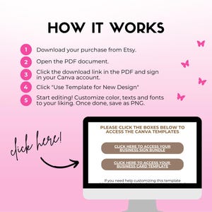 May include: A pink and white graphic with instructions on how to use a Canva template. The text reads "HOW IT WORKS" and includes steps to download, open, and edit the template. A computer screen displays two buttons: "CLICK HERE TO ACCESS YOUR BUSINESS SIGN BUNDLE" and "CLICK HERE TO ACCESS YOUR BUSINESS CARD TEMPLATE."