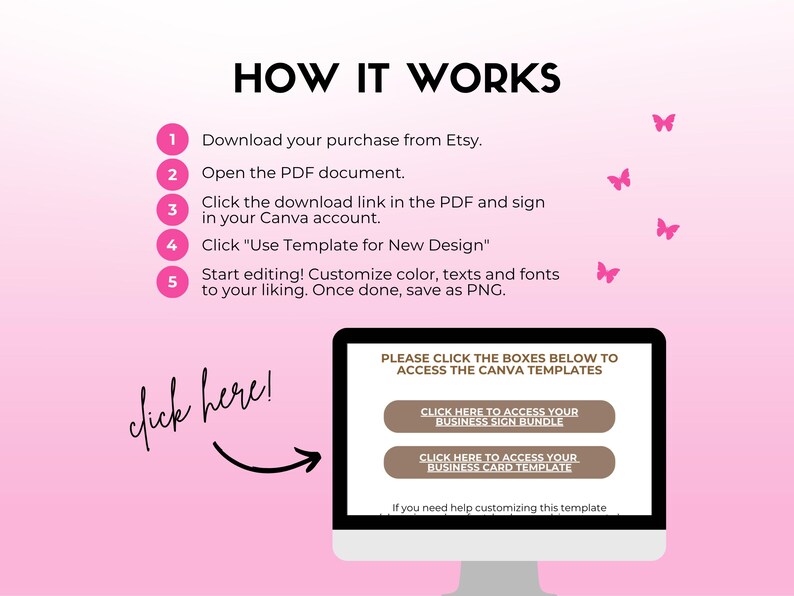 May include: A pink and white graphic with instructions on how to use a Canva template. The text reads "HOW IT WORKS" and includes steps to download, open, and edit the template. A computer screen displays two buttons: "CLICK HERE TO ACCESS YOUR BUSINESS SIGN BUNDLE" and "CLICK HERE TO ACCESS YOUR BUSINESS CARD TEMPLATE."