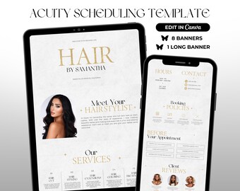 Puede incluir: Una plantilla digital para programar citas para un estilista de cabello. La plantilla presenta un esquema de color dorado y blanco con una foto de una mujer con cabello largo y oscuro. El texto "HAIR BY SAMANTHA" está en la parte superior de la plantilla. La plantilla incluye secciones para servicios, horarios, información de contacto, políticas de reserva y reseñas de clientes.