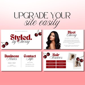 May include: A promotional graphic with the text "UPGRADE YOUR site easily." The design includes four rectangular panels with text and images. The panels feature the words "Styled by Cherry," "Meet Cherry," business hours, contact info, and hair services.