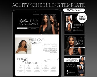 Puede incluir: Una maqueta de sitio web en blanco y negro para una peluquería llamada "Glam Hair by Shawna". El sitio web presenta una foto de una mujer negra con el pelo largo y rizado, y texto que dice "Conoce a tu artista..." y "Nuestros servicios de peluquería". El sitio web también incluye un formulario de reserva y una página de contacto.