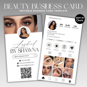 Modelo de cartão de visita do Instagram Cartão de visita de beleza faça você mesmo Código QR de mídia social Cabelo Unhas Cílios Maquiagem Peruca Tranças Cartão de visita IG Canva