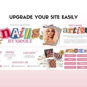 May include: A website design for a nail salon called "Nails by Nicole". The website features a colorful logo, a photo of the nail artist, and a list of services offered. The website also includes contact information and hours of operation.