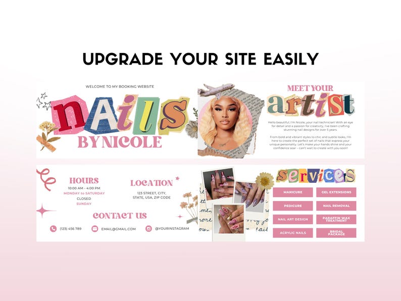 May include: A website design for a nail salon called "Nails by Nicole". The website features a colorful logo, a photo of the nail artist, and a list of services offered. The website also includes contact information and hours of operation.