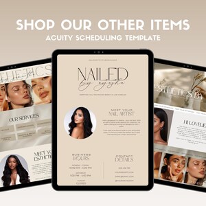 May include: Three tablet screens showing websites for beauty services. The first screen is for "Esthetics by Jan" and features a photo of a woman with a caption "Hi Lovelies". The second screen is for "Nailed by Ayzha" and features a photo of a woman with the text "Meet Your Nail Artist". The third screen is for "Esthetics by Jan" and features a photo of a woman with the text "Our Services".