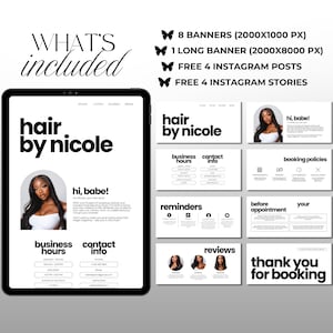 Może przedstawiać: Pakiet marketingu cyfrowego dla salonu fryzjerskiego, z tabletem wyświetlającym projekt strony internetowej z tekstem "hair by nicole". Pakiet zawiera banery, posty na Instagramie i historie, wszystko w czystym, czarno-białym designie.