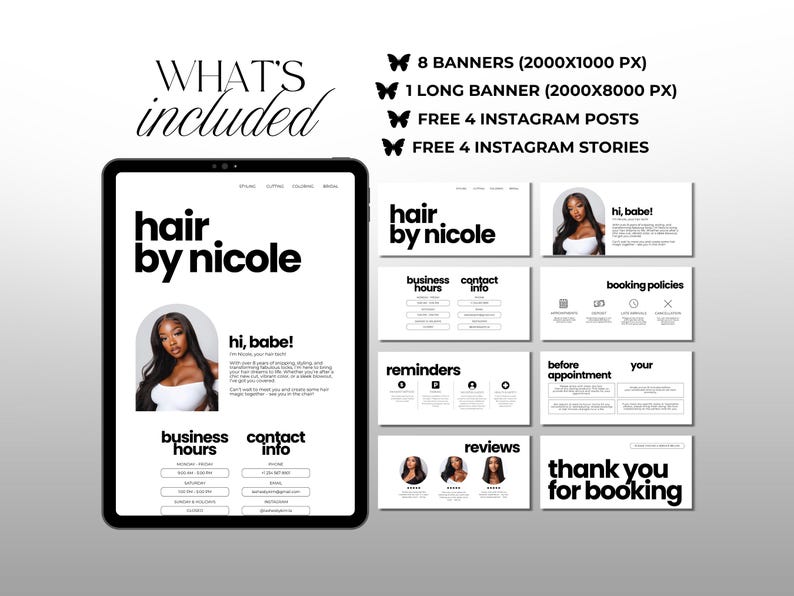 Może przedstawiać: Pakiet marketingu cyfrowego dla salonu fryzjerskiego, z tabletem wyświetlającym projekt strony internetowej z tekstem "hair by nicole". Pakiet zawiera banery, posty na Instagramie i historie, wszystko w czystym, czarno-białym designie.