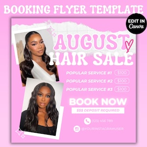 Rosa Haar Buchung Flyer Vorlage DIY Jetzt Buchen August Buchungen Hairstylist Flyer Wimpern Nägel Perücke Zöpfe MUA Flyer Canva Template Bearbeitbar