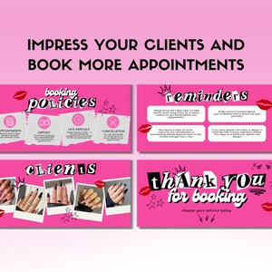 May include: Pink promotional materials with the text "IMPRESS YOUR CLIENTS AND BOOK MORE APPOINTMENTS." The materials include booking policies, reminders, client photos, and a thank you message. The design incorporates lip and star graphics.