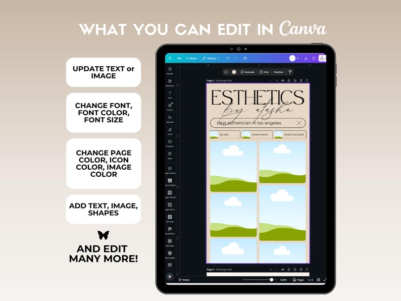 May include: A digital tablet displays a Canva design interface with the text "ESTHETICS by Jyshe". The design includes editable elements such as text, font, color, and images. The image also shows the text "WHAT YOU CAN EDIT IN Canva".