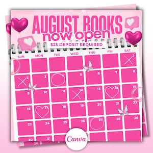 August Bookings Open August Calendar Availability Monthly Bookings Available August Hair Nail Makeup Braids Wig Install Lashtech Flyer Canva
