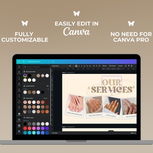 May include: A laptop screen displaying a Canva design template for a nail salon. The template features photos of manicured nails and the text "OUR SERVICES".
