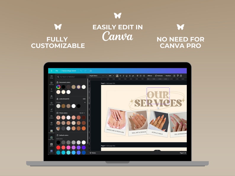 May include: A laptop screen displaying a Canva design template for a nail salon. The template features photos of manicured nails and the text "OUR SERVICES".