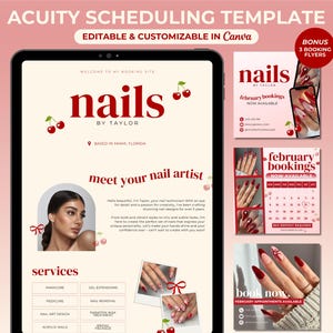 May include: A digital template for scheduling appointments for nail services. The template features a pink and white color scheme with red cherries and a photo of a woman with long, manicured nails. The text "Nails by Taylor" is featured prominently. The template includes a calendar for booking appointments and a section for listing services offered.