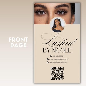 May include: A business card with a tan background and black text. The text reads "Lashed by Nicole" with a phone number, website address, and email address. A QR code is in the bottom right corner.