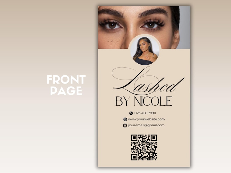 May include: A business card with a tan background and black text. The text reads "Lashed by Nicole" with a phone number, website address, and email address. A QR code is in the bottom right corner.
