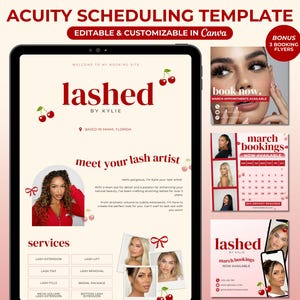 May include: A digital template for scheduling appointments for lash extensions. The template features a red and white color scheme with a cherry motif. The text "lashed by Kylie" is displayed in a red font. The template includes a section for services, a section to meet the lash artist, and a section for booking appointments. The template is customizable in Canva.