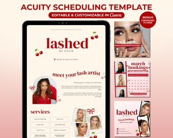 Puede incluir: Una plantilla digital para programar citas para extensiones de pestañas. La plantilla presenta un esquema de color rojo y blanco con un motivo de cerezas. El texto "lashed by Kylie" se muestra en rojo. La plantilla incluye una sección para servicios, una sección para conocer al artista de pestañas y una sección para reservar citas. La plantilla es personalizable en Canva.