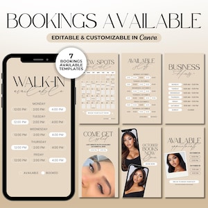 May include: A digital marketing graphic with the text "BOOKINGS AVAILABLE" and "EDITABLE & CUSTOMIZABLE IN Canva." The image includes a smartphone displaying booking information, along with other booking templates.