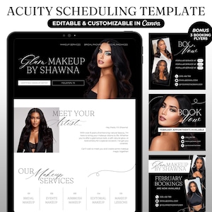 Puede incluir: Una plantilla de marketing digital en blanco y negro para una maquilladora. La plantilla presenta una foto de una mujer con maquillaje glam, el texto "Glam Makeup by Shawna" y una sección para reservar citas. La plantilla es personalizable en Canva.