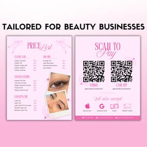 May include: Pink price list and payment information for a beauty business. The left side lists lash services and prices. The right side has QR codes for payment and accepts Apple Pay, Google Pay, cash, and credit cards. Text reads "Tailored for Beauty Businesses."
