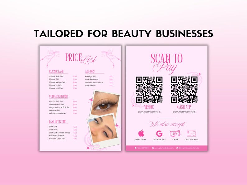 May include: Pink price list and payment information for a beauty business. The left side lists lash services and prices. The right side has QR codes for payment and accepts Apple Pay, Google Pay, cash, and credit cards. Text reads "Tailored for Beauty Businesses."